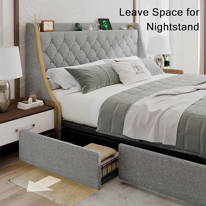 Upholstered King Size Bed Frame with 4 Storage Drawers, Modern Platform Bed with Wingback Headboard, Charging Station, No Box Spring Needed, Light Grey