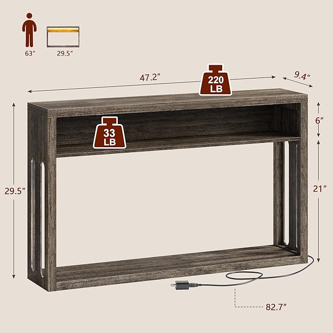 FAVOOSTY Farmhouse Console Table with Storage, 47" 2-Tier Entryway Sofa Table with Led Light Behind Couch Table Hallway Stand for Living Room, Hallway, Foyer - Gray