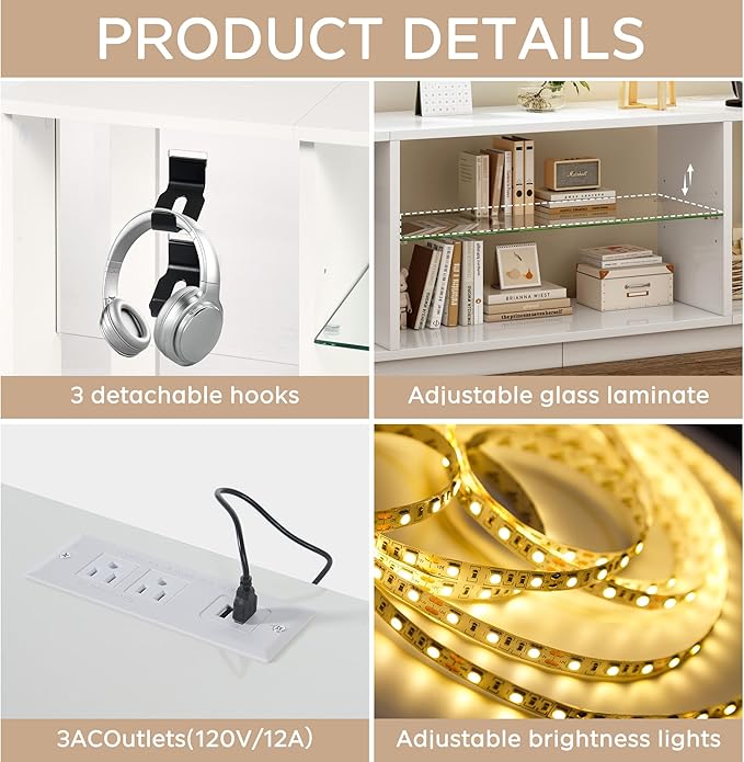 DlandHome LED TV Stand for TVs up to 60inch, Entertainment Center with Open Storage Shelves, TV Media Console Table for Bedroom, Living Room, White