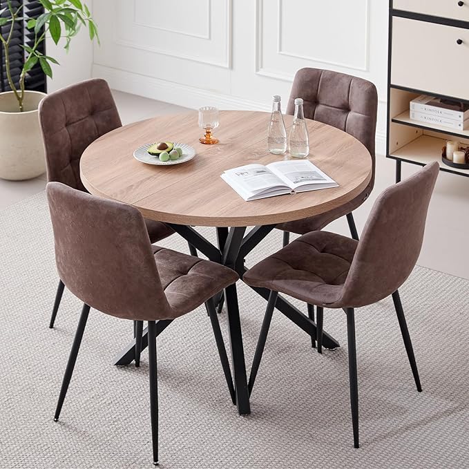 39" Round Dining Table Set for 4, Mid Century Kitchen Table with 4 Faux Leather Dining Chairs for Apartment Living Room Space Saving