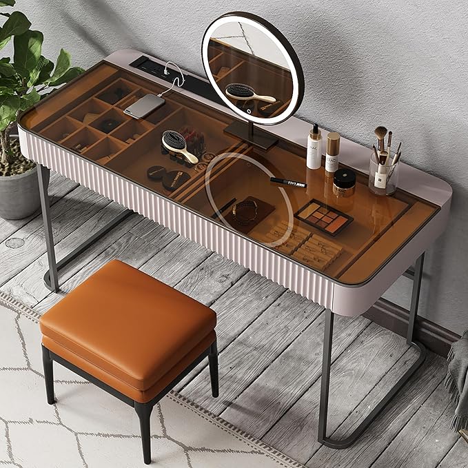 Lartis Makeup Vanity,Dresser Stool Set,Dresser,Computer Desk,partitioned Storage,Smart Socket,LED Makeup Mirror (Beige White, 47 in)