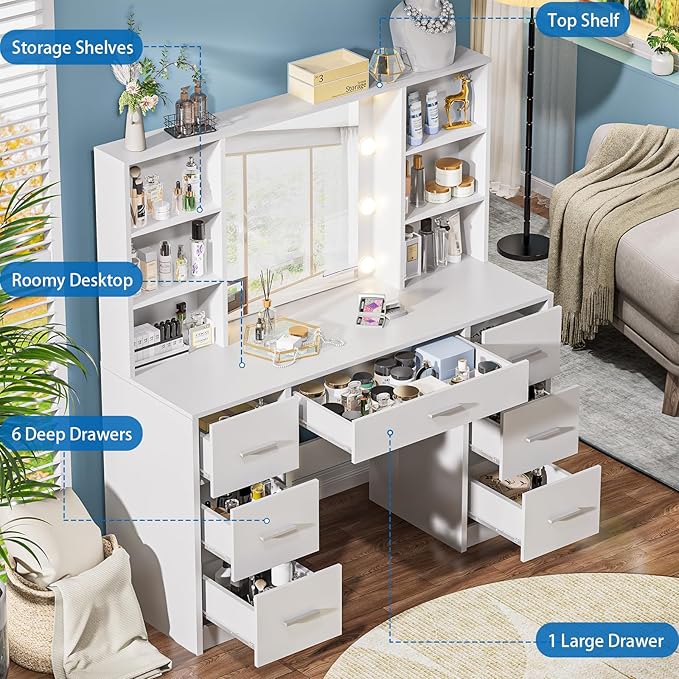 Large Vanity Desk with Mirror and 10 Lights, Makeup Vanity Table with Power Outlet, 7 Drawers and 6 Storage Shelves, Makeup Vanity Desk Dressing Table with 3 Lighting Modes for Bedroom (White)