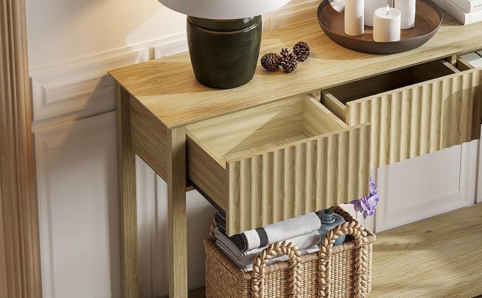 Treocho 47" Fluted Console Table with 3 Drawers, Narrow Long Entryway Table with Storage and Shelf, 2-Tier Sofa Table Behind Couch Accent Tables for Entrance Foyer, Hallway, Living Room, Oak