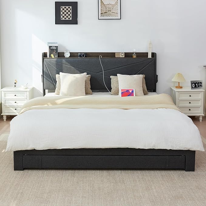 King Size Bed Frame with 3 Drawers, Upholstered King Size Bed Frame with Storage Headboard, AC USB & Type C Charge Station, Wooden Support Slats No Box Spring Needed Easy Assembly,Grey
