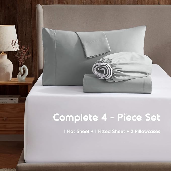 Nestl Full XL Sheet Set - Luxury 1800 Ultra-Soft Microfiber Full Extra Long Bed Sheets - Double Brushed - Deep Pockets - Easy Fit - 4 Piece Set - Bedding Sheets & Pillowcases (Full XL, Light Grey)