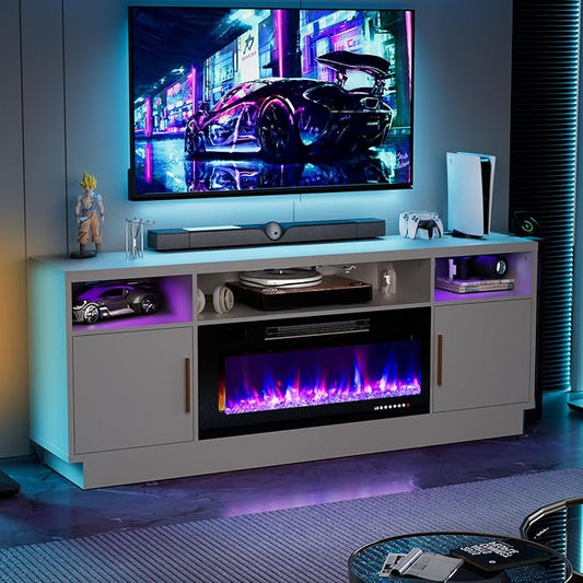 Ludatido 70 Inch Premium TV Stand with 36 inch Electric Fireplace 27 Inch high LED Light Entertainment Center Easy to Assemble for TVs Up to 85'' with USB&AC Power Interface Black