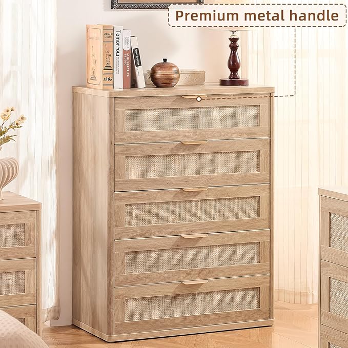 LEYAOYAO Rattan Dresser for Bedroom Set 2, 41" Tall Chest of Drawers, Modern 5 Drawers Boho Dressers with Storage, Light Oak Dresser Wooden Closet Organizer for Living Room, Hallway, Natural Wood