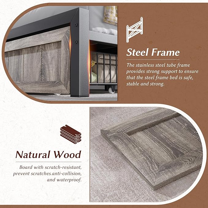 EnHomee King Size Bed Frame with Headboard and Storage, 2 Drawers & LED Light Farmhouse King Bed Frame Built in Charging Station,NO Noise,No Box Spring Needed,Grey