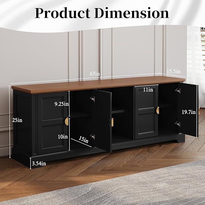 HLR 67” Modern TV Stand for TVs up to 75+ inch, Shaker Style Television Console Table, Entertainment Center with Storage Cabinets, Wood Media Furniture for Living Room, Bedroom, Black