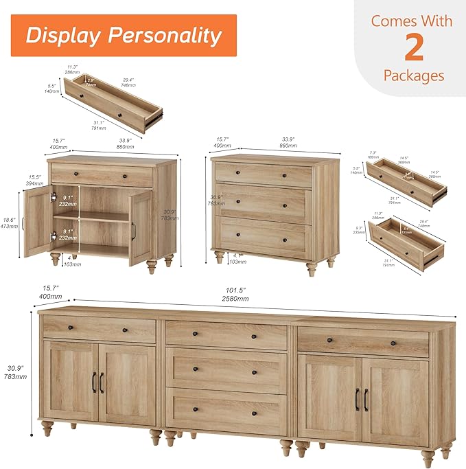 WAMPAT Farmhouse TV Stand for 100 Inch TV, 3-in-1 TV Console Table with 5 Drawers and 4 Doors, Entertainment Center for 75/80/85/90 Inch TV, Kitchen Sideboard Buffet Cabinet for Dining Room, Oak