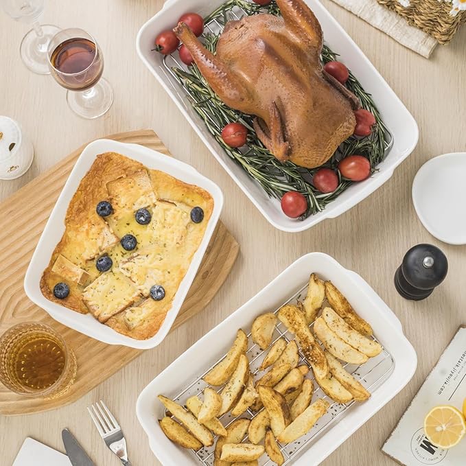 Casserole Dish with Roasting Racks, 3 QT Baking Dish with Handles, White Bakeware, Ceramic Baking Pan, Microwave Oven Safe, Dinner, Wedding （13.6"*8.7"）