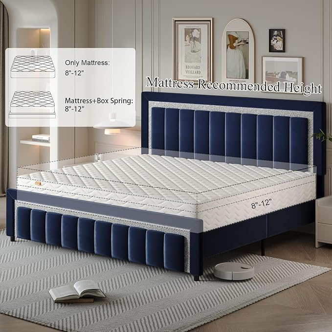 HOMBCK King Size Bed Frame with Headboard and Footboard, Upholstered Bed Frame King with Velvet Diamond Design, No Box Spring Needed, Easy Assembly, Blue