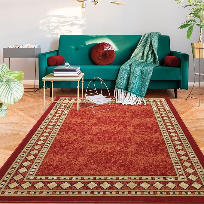 Antep Rugs Alfombras Modern Bordered 3x5 Non-Skid (Non-Slip) Low Profile Pile Rubber Backing Indoor Area Rugs (Maroon Beige, 3' x 5')