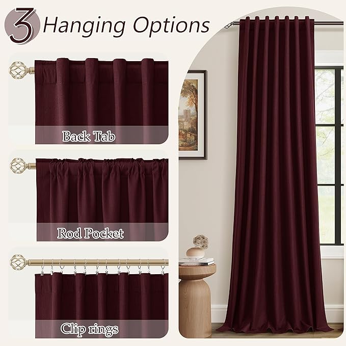 Guken Blackout Curtains 96 Inch Length 2 Panels Set for Living Room Bedroom Back Tab Thermal Insulated 100% Black Out Linen Drapes Room Darkening Window Curtains 96 Inches Long,Burgundy