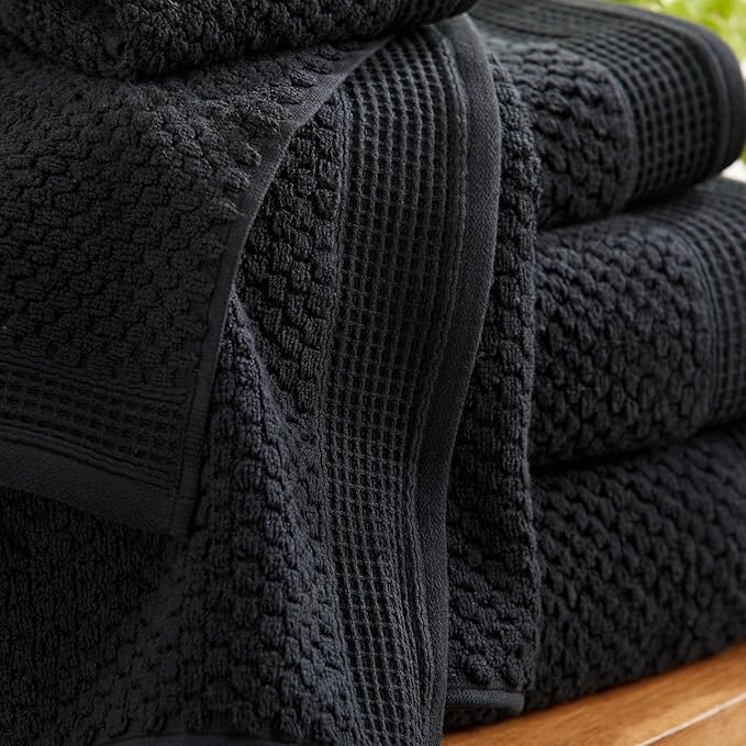 Belle Collection 6 Piece Waffle Textured 100% Cotton Towel Set | Super Soft Quick Dry Bath & Hand Towels | Decorative Washcloths for Bathroom (Black)