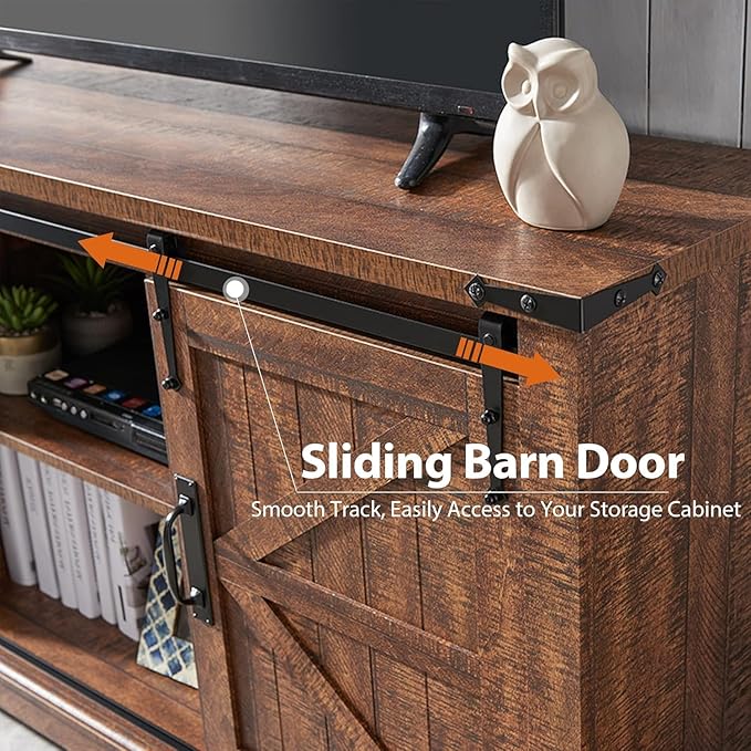 OKD Farmhouse TV Stand for 75 Inch TV, Rustic Entertainment Center w/Sliding Barn Door Wood Media Console Cabinet 66 Inch Long Television Stands for 70 Inch TVs, Reclaimed Barnwood Color