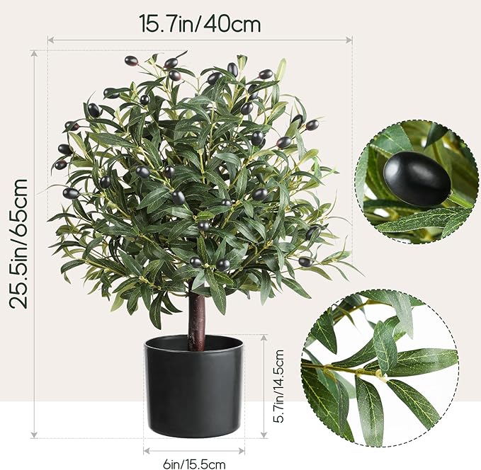 25.5” Tall Artificial Topiary Ball Olive Tree with Leaves and Fruits, Olive Boxwood Topiary Ball Potted Bushes UV Resistant Potted Plants for Garden Indoor Outdoor Home Decor