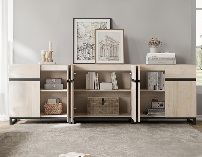 WAMPAT Modern TV Stand for 75-110 Inch TVs, Wooden Entertainment Center Console With Metal Base and Adjustable Shelves for Living Room, Bedroom, 94.5 Inch, Light Oak