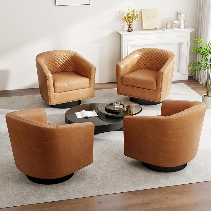 Swivel Barrel Accent Chair, Comfy Modern Upholstered Round Faux Leather Arm Chair for Living Room, Bedroom（Coffee, Set of 1
