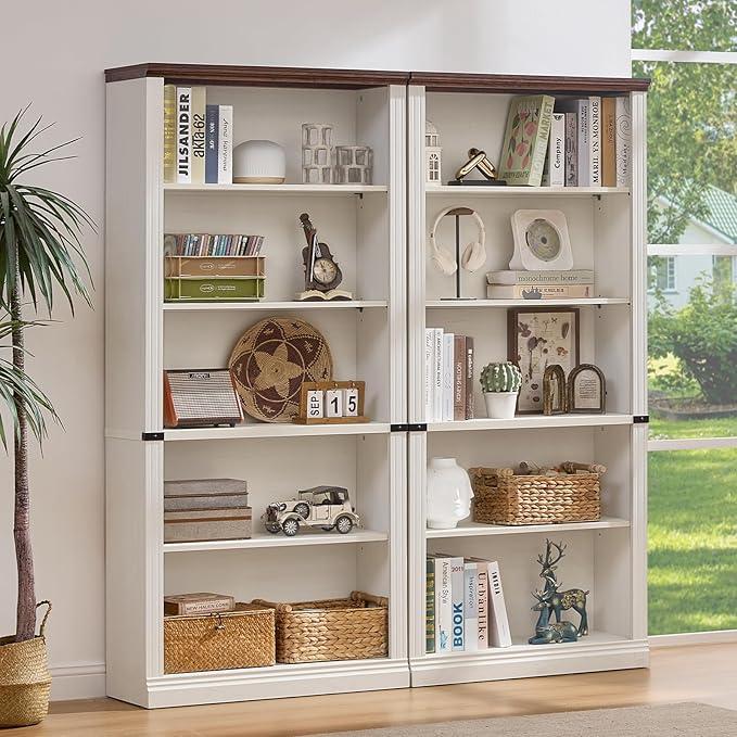 70" White Tall Bookshelf,5-Tier Thick Wooden Book Shelf with Adjustable Shelves,Free Standing Farmhouse Bookcase with Open Display Storage,Floor Vintage Bookshelves for Living Room,Office