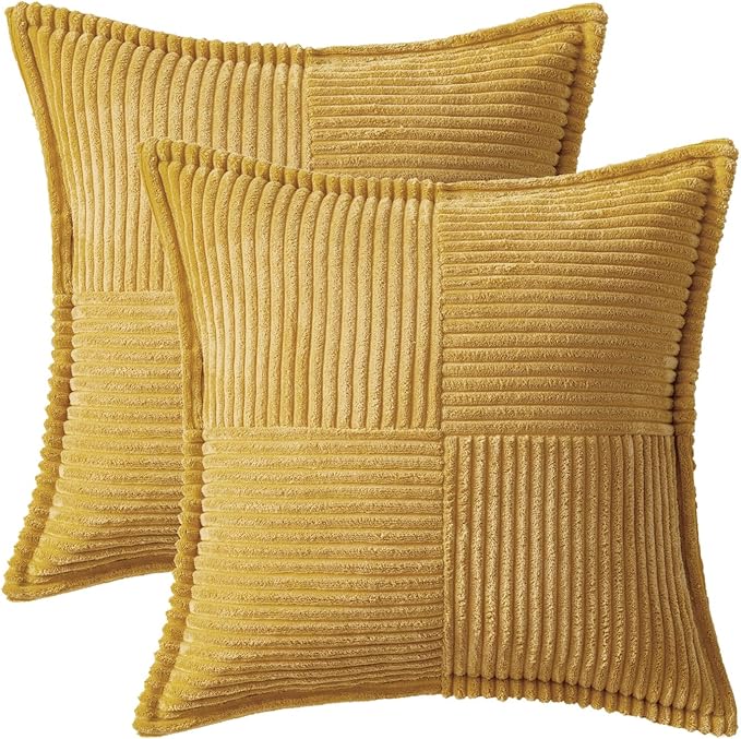 MIULEE Decorative Throw Pillow Covers for Couch Bed Livingroom 20x20 Inch Set of 2 Gold Boho Accent Throw Pllows Broadside Striped Patchwork Soft Corduroy Summer Pillowcases