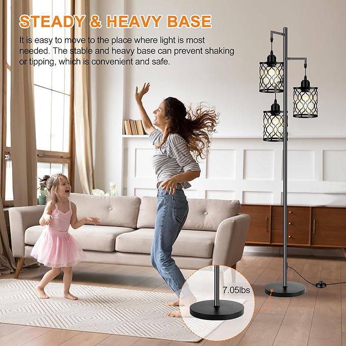 Industrial Floor Lamp, Metal Farmhouse Floor Lamp for Living Room, Rustic Standing Tall Lamps with 3 Elegant Cage Heads, Tree Floor Lamps for Bedrooms, Home Office, Bar, 68", Black, Bulb Not Included