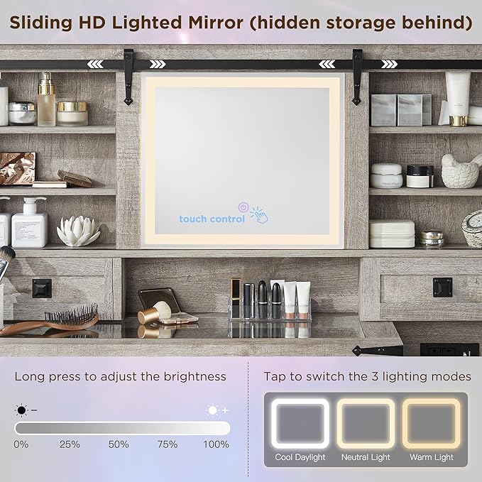 T4TREAM 48'' Farmhouse Makeup Vanity Desk with Sliding HD Mirror and Lights, Big Modern Lighted Vanity Table with 7 Drawers & Shelves, Rustic Large Dressing Table for Bedroom, Light Rustic Oak