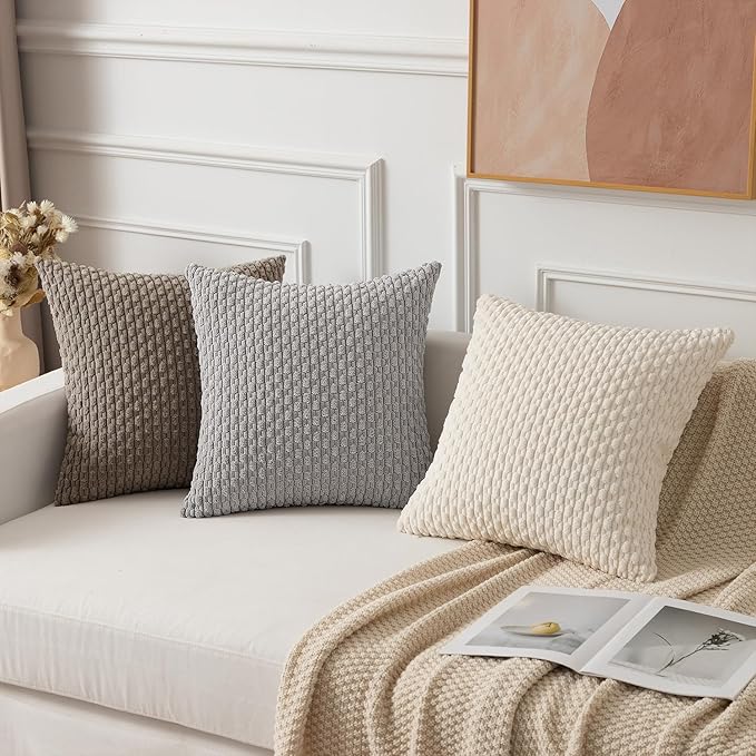 Kevin Textile Pack of 2 Corduroy Decorative Throw Pillow Covers 22x22 Inch Soft Boho Striped Pillow Covers Modern Farmhouse Home Decor for Spring Sofa Living Room Couch Bed Light Grey