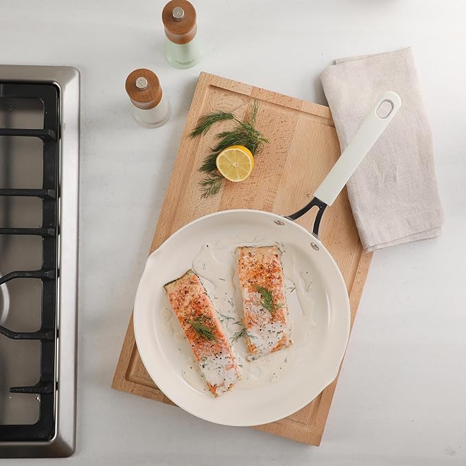 Martha Stewart Heathland 11 Inch Aluminum Fry Pan with Premium Ceramic Non-Stick Coating - Kitchen & Omelet Pan, Linen White, Induction Safe