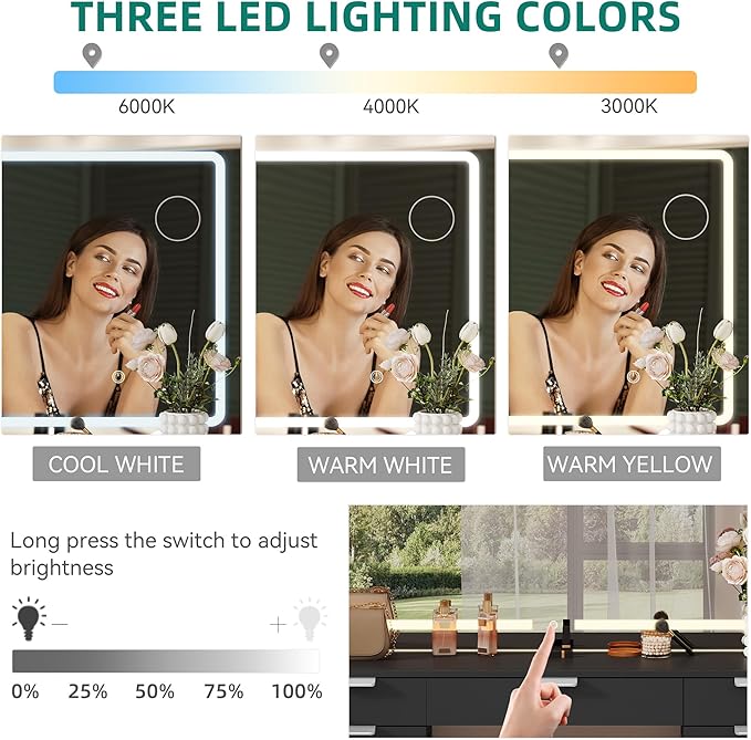 YITAHOME 46'' Vanity Desk with Large LED Lighted Mirror & Charging Ports, 11-Drawer Makeup Table Set with Storage Stool for Dressing Room, 3 Lighting Modes Brightness Adjustable, Black Finish