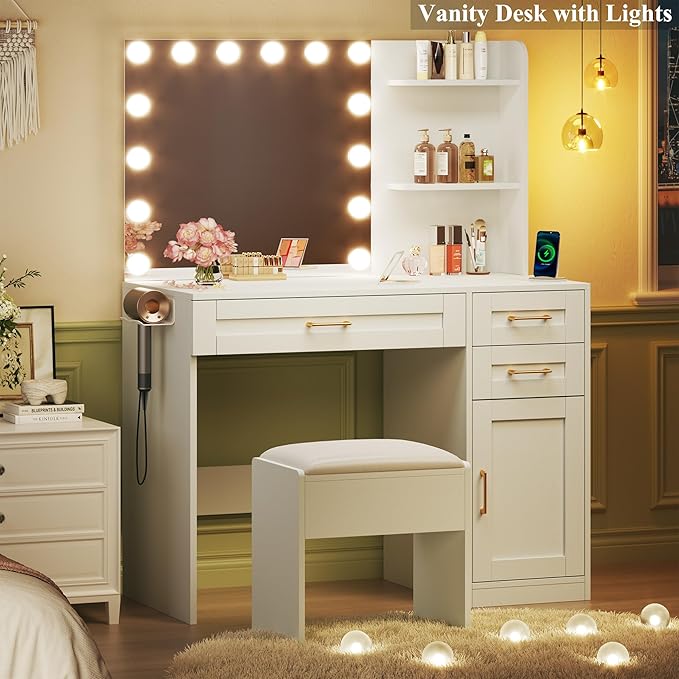 Vanity Desk with Lights, 37inch Makeup Vanity Desk with Mirror & Power Outlet, 3 Colors Lighting Adjustable Brightness, Makeup Vanity Set with Cushioned Chair and Cabinet, 3 Drawers, White
