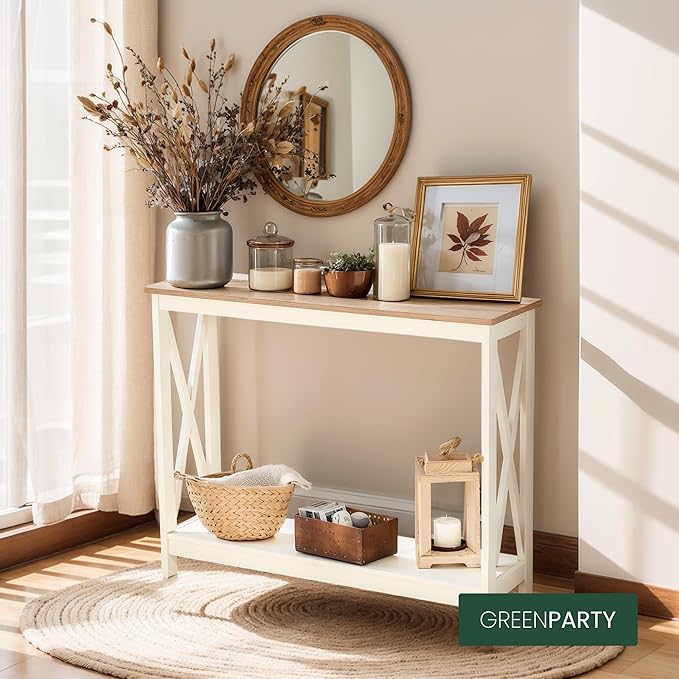 GREEN PARTY Vintage Farmhouse Entryway Console Table, 2-Tier Narrow Sofa Table with Storage Shelf for Living Room and Hallway, Rustic White Accent Furniture with Sturdy X-Shaped Legs