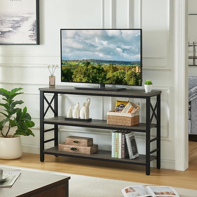 HOMBAZAAR Sofa Table,Industrial Console Table with Storage,Entryway Table with Engineered Wood and Metal,3 Tier Shelf for Living Room,Hallway,Grey,47 Inch