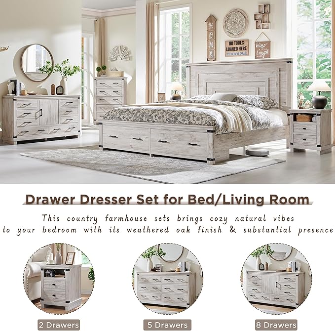 T4TREAM Farmhouse 6 Drawers Dresser for Bedroom, 54" Wide Wood Chest of Drawers w/Natural Texture & Metal Handle, Rustic Storage Dressers Organizer for Living Room, Hallway, Antique Brush White