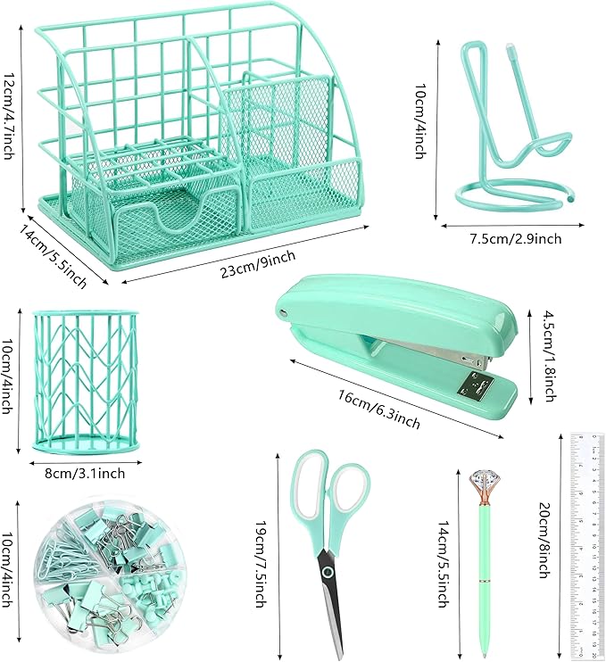 Green Desk Organizers and Accessories Office Supplies Set Stapler, Pen Holder, Phone Holder, Scissors, Pen, Ruler, 30 Paper Clips, 22 Binder Clip, 20 Tacks and 1000pcs Staples