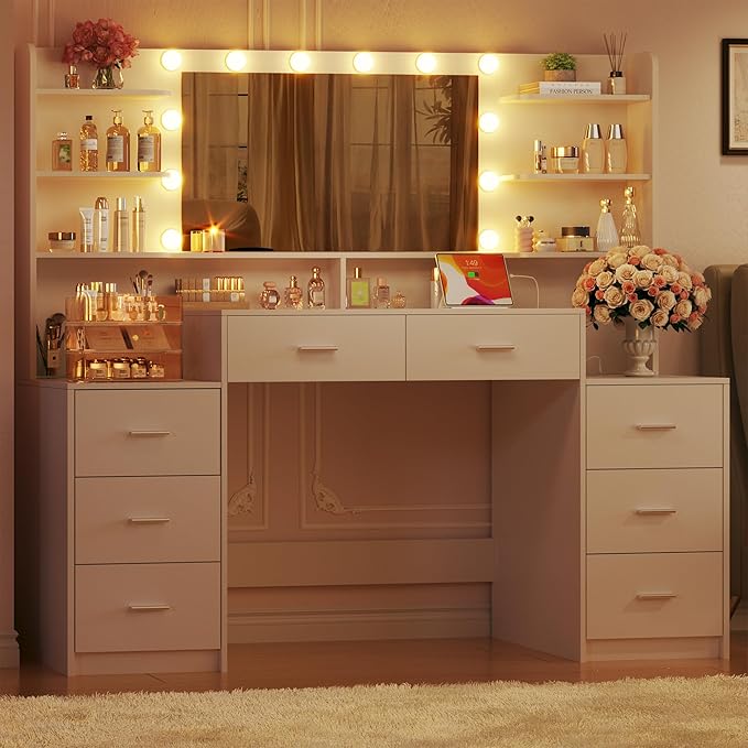 Large Vanity Desk with Mirror & Lights, White Makeup Vanity with 8 Drawers & 6 Storage Shelves, Vanity Set with LED Lights and Power Outlet, 3 Lighting Modes, Adjustable Brightness