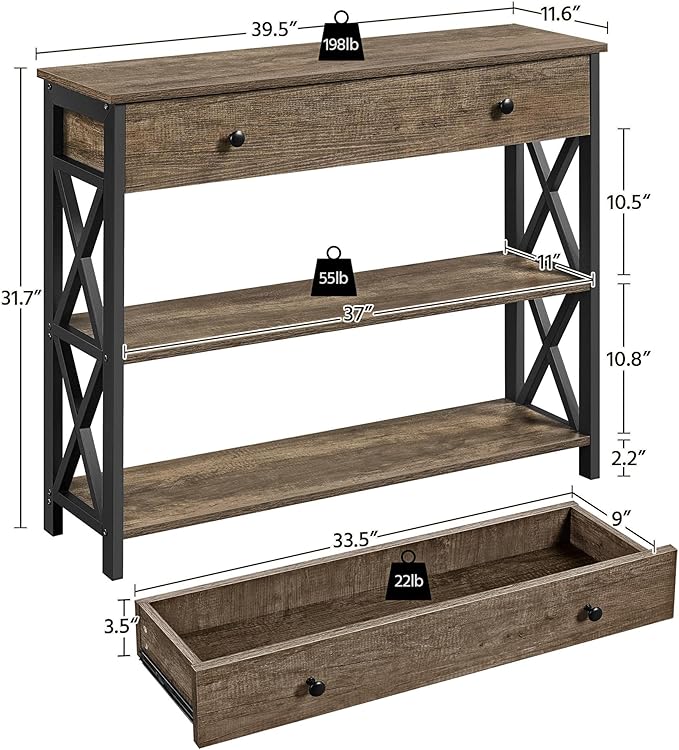 Yaheetech Console Table with Drawer and 2 Open Storage Shelves, Sofa Table for Living Room, 3-Tier Narrow Entryway Table, X-Shaped Design, Taupe Wood