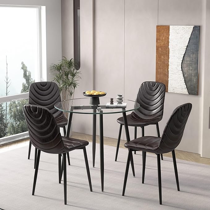 Modern 5-Piece Round Glass Dining Table Set with Faux Leather Chairs - Space-Saving Kitchen Furniture for Small Apartments (5-Piece(Brown))