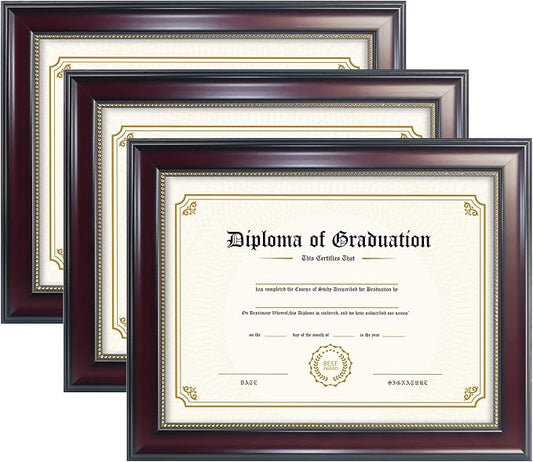 GraduatePro 8.5x11 Diploma Frame, Picture Frame for Wall and Tabletop Display with UV Protection Acrylic, Professional Wooden Look, Mahogany with Gold Beaded, Pack of 3
