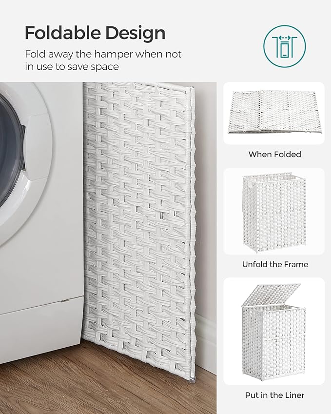 SONGMICS Laundry Hamper with Lid, 90L Clothes Hamper with 2 Removable Liner Bags, 6 Mesh Bags, Wicker Laundry Basket, Double Laundry Hamper for Bathroom, 13 x 18.1 x 23.6 Inches, White ULCB251W01V1