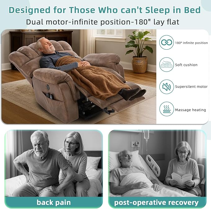 MEETWARM Oversized Dual Motor Power Lift Chair with Extended Footrest for Big Tall Elderly, Infinite Position Lay Flat Sleeper Electric Recliner, Heat Massage, Lumbar Pillow, USB & Type-C Ports, Brown