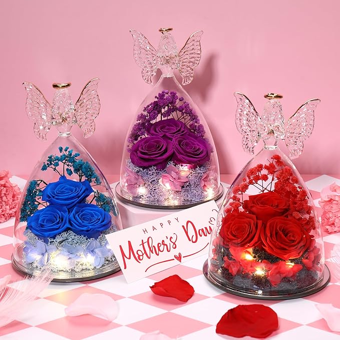Ocosy Mothers Day Rose Gifts for her, Large Angel Rose Gifts for Women, Forever Real Roses in Angel Figurines, Angel Guardian with Roses Flower, Wine Red
