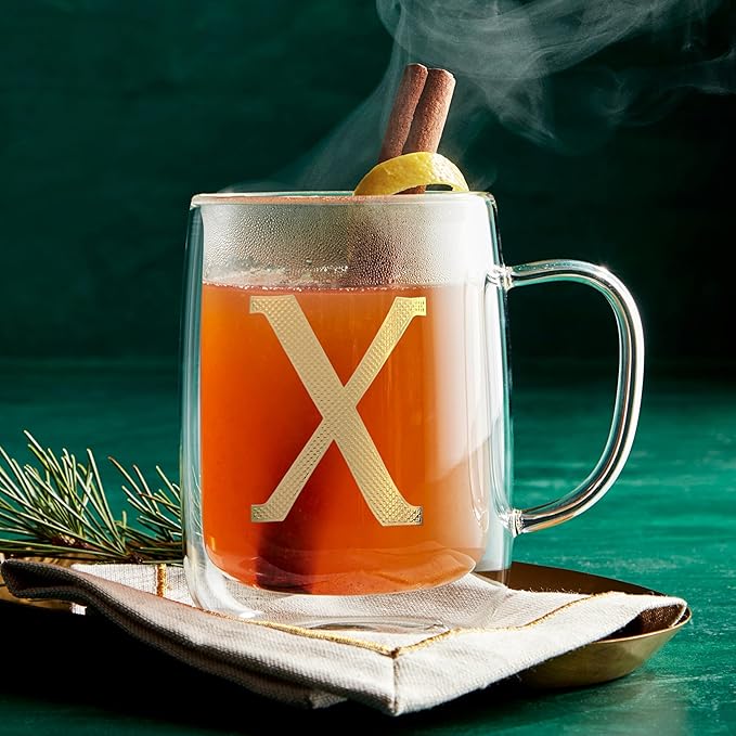 COLLECTIVE HOME - Double Walled Glass Coffee Mugs, Insulated Coffee Mug with Handle, Personalized Gifts for Women, Men, Christmas, 14 oz Monogram Cups (X)