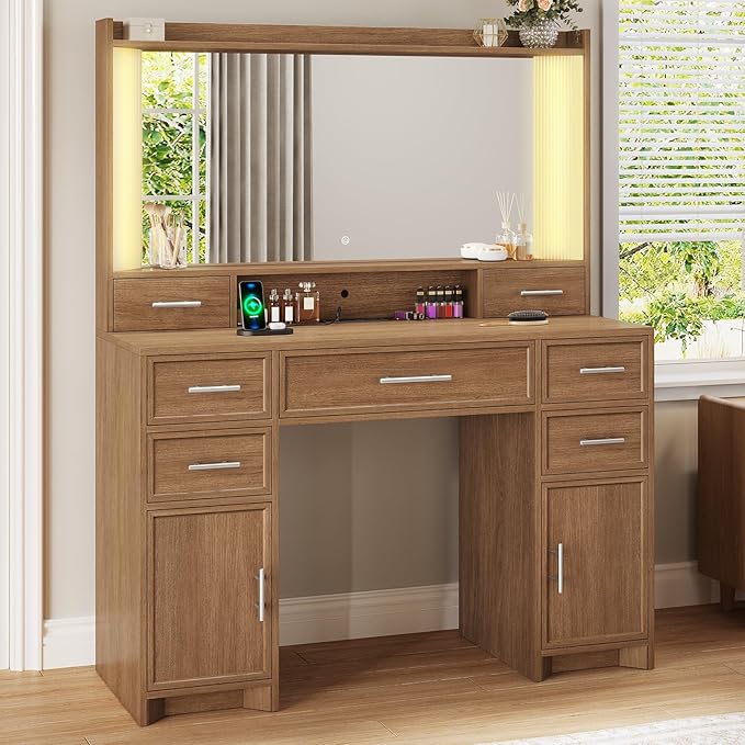 AOGLLATI Vanity Desk with Mirror and Lights, Makeup Vanity Desk with Lights, Large Mirror with Charging Station and 3 Color Lightbox, White Vanity Table with 7 Drawers for Bedroom, Dark Brown