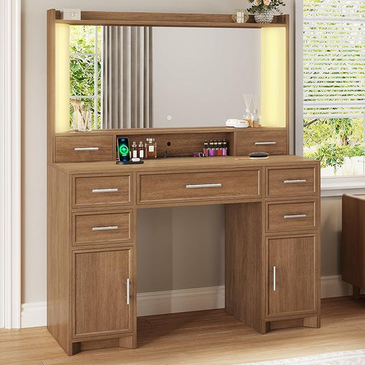 AOGLLATI Vanity Desk with Mirror and Lights, Makeup Vanity Desk with Lights, Large Mirror with Charging Station and 3 Color Lightbox, White Vanity Table with 7 Drawers for Bedroom, Dark Brown