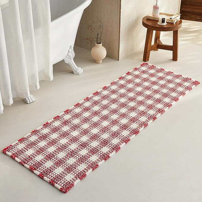 Waffle Runner Rug Bathroom, Long Boho Bathroom Rugs Non Slip Washable Absorbent Checkered Bathroom Mat Quick Dry Cute Bath Mat, 72"x24" Red and White