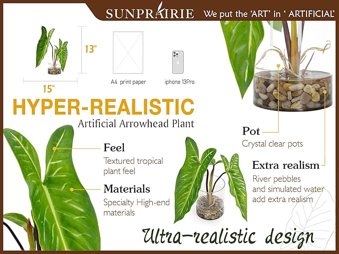 SUNPRAIRIE Realistic Faux Plant in Clear Pot with Artificial Water, Narrow Arrowhead Leaves. Artificial Plants Indoor and Outdoor