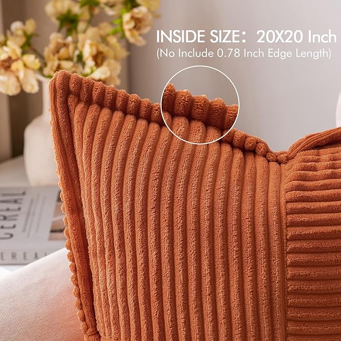 MIULEE Rust Fall Decorative Throw Pillow Covers for Couch Bed Livingroom 20x20 Inch Set of 2 Boho Accent Throw Pllows Broadside Striped Patchwork Soft Corduroy Pillowcases