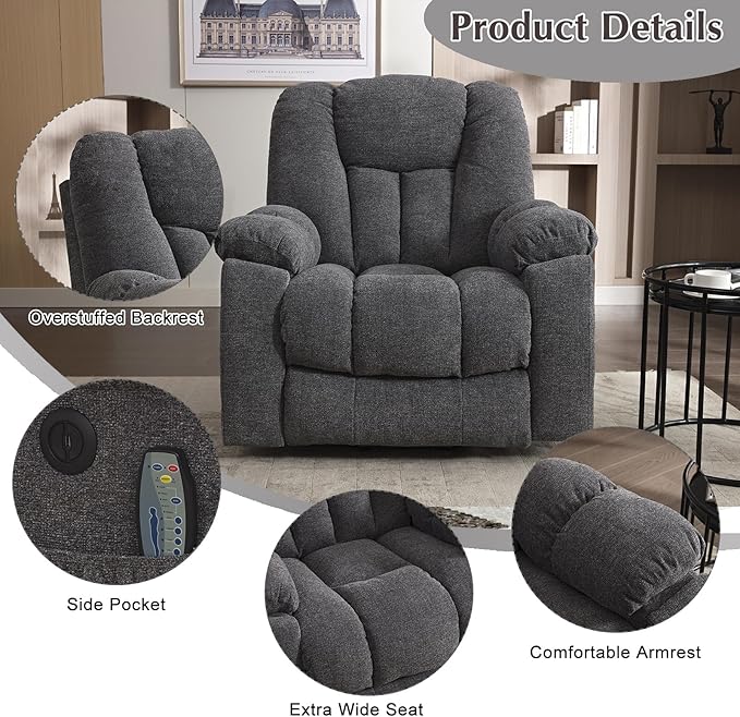 CANMOV Power Lift Recliner Chair with Massage and Heat for Elderly, Overstuffed Wide Recliners, Heavy Duty and Safety Motion Reclining Mechanism with USB Ports, 2 Concealed Cup Holders, Smoke Gray