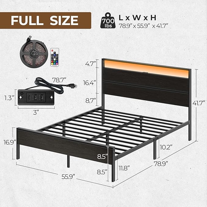 Rolanstar Full Bed Frame with Headboard, Bed Frame Full with LED Lights, Camas Full Size Bed with Charging Station, Solid Metal Slats, Noise Free, No Box Spring Needed, Black